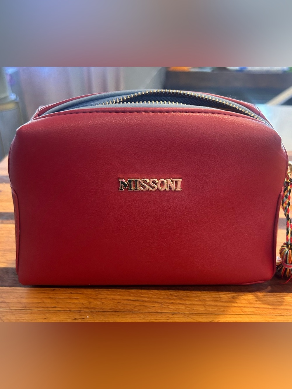 Missoni Burgundy Leather Cosmetic Pouch with Gold Logo